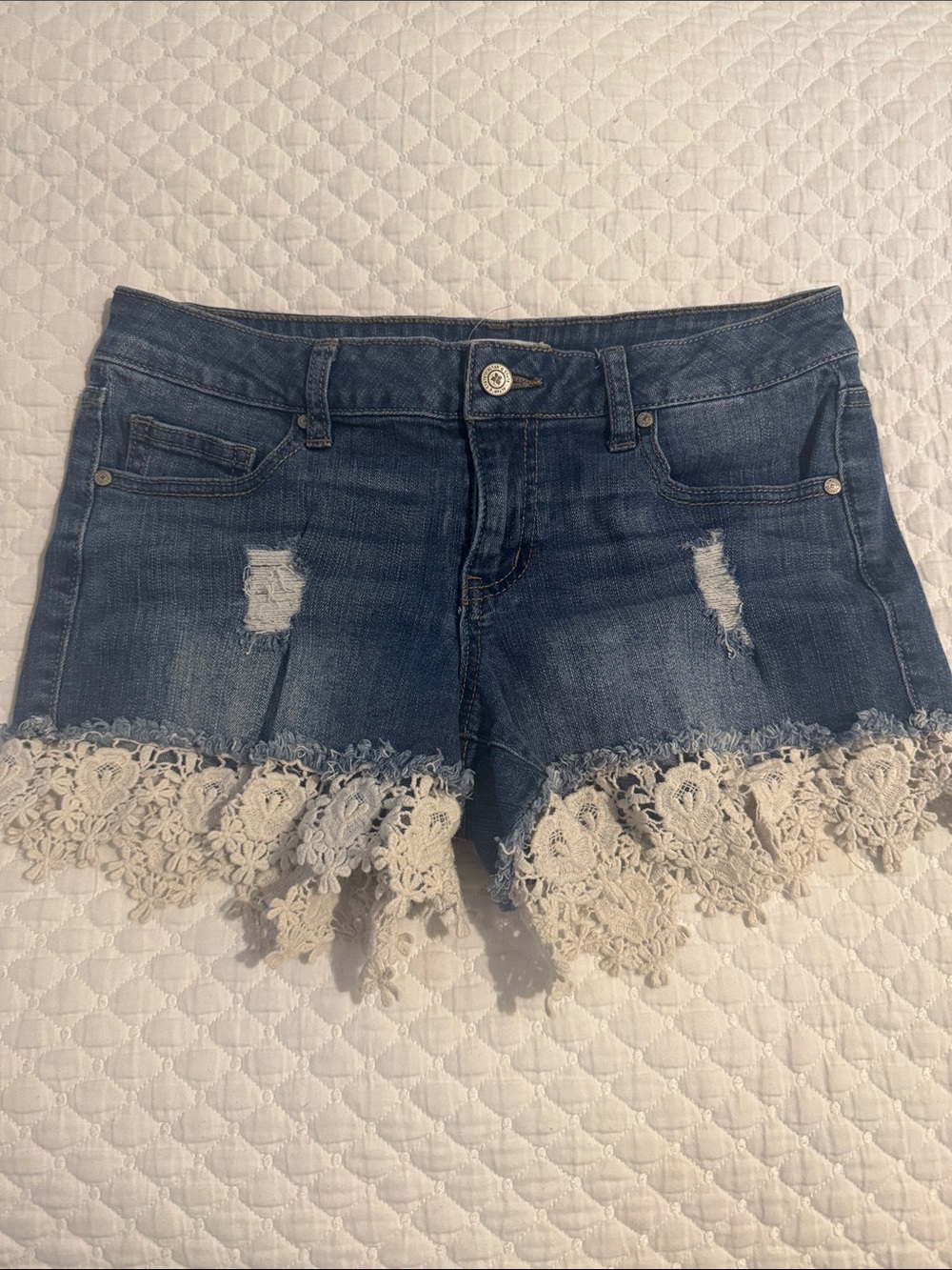 Altr’d State Women's Blue Denim Shorts with Cream Lace Trim